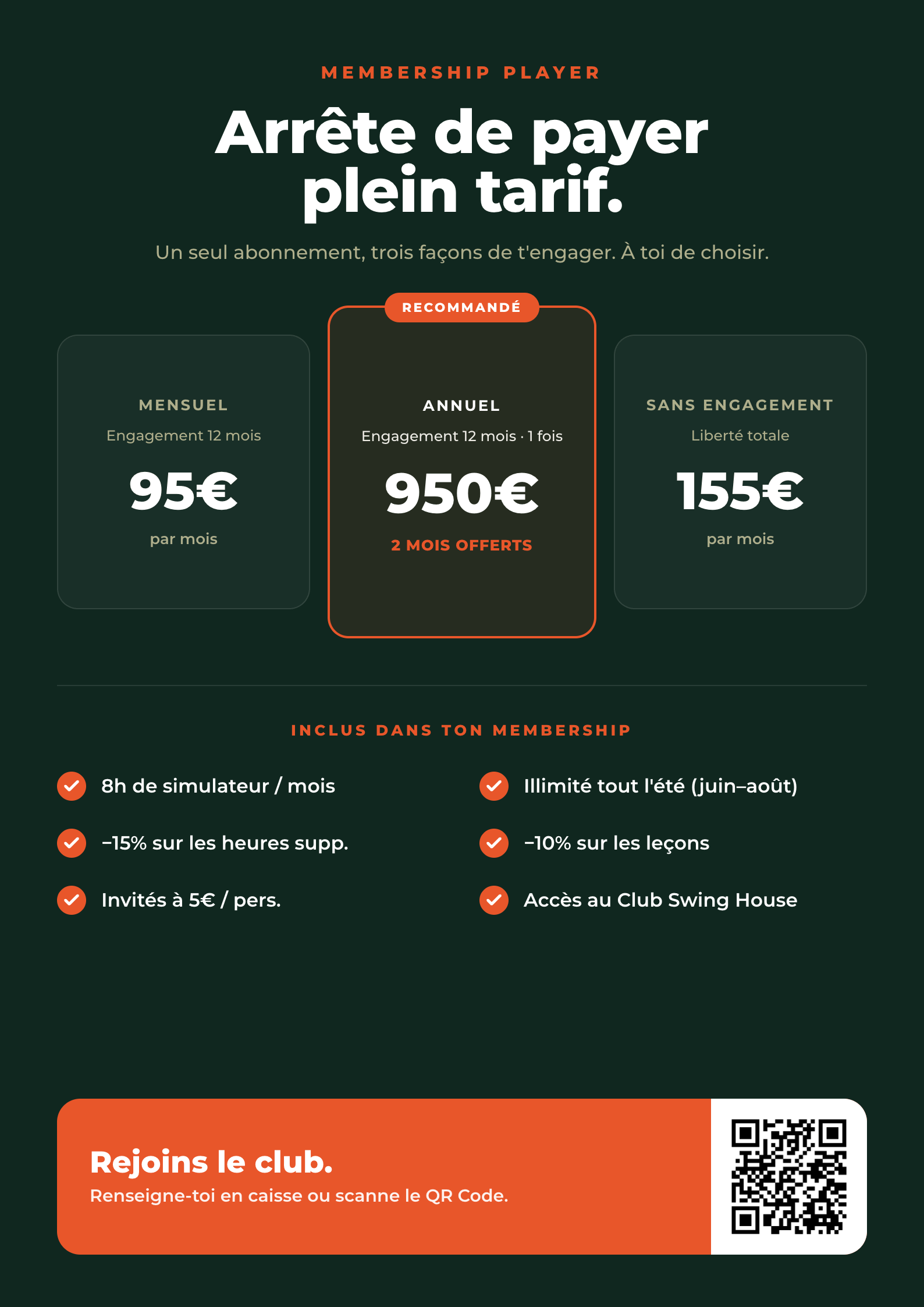 Membership PLAYER Swing House — 95€/mois, 950€/an ou 155€/mois sans engagement
