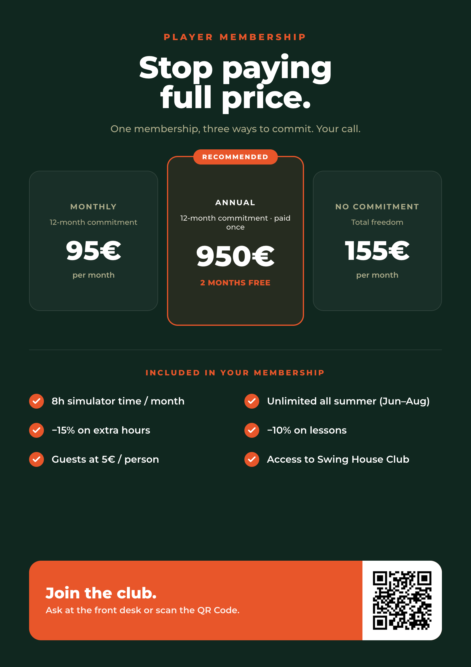 PLAYER Membership Swing House — €95/month, €950/year or €155/month no commitment
